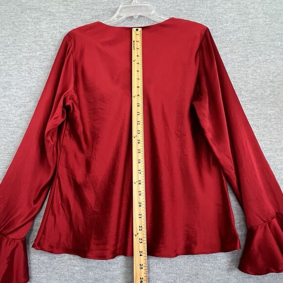 Harris Wallace Red Silk Top Size L Cowl Neck Flared Ruffled Sleeves Witchy Vamp - Picture 12 of 13